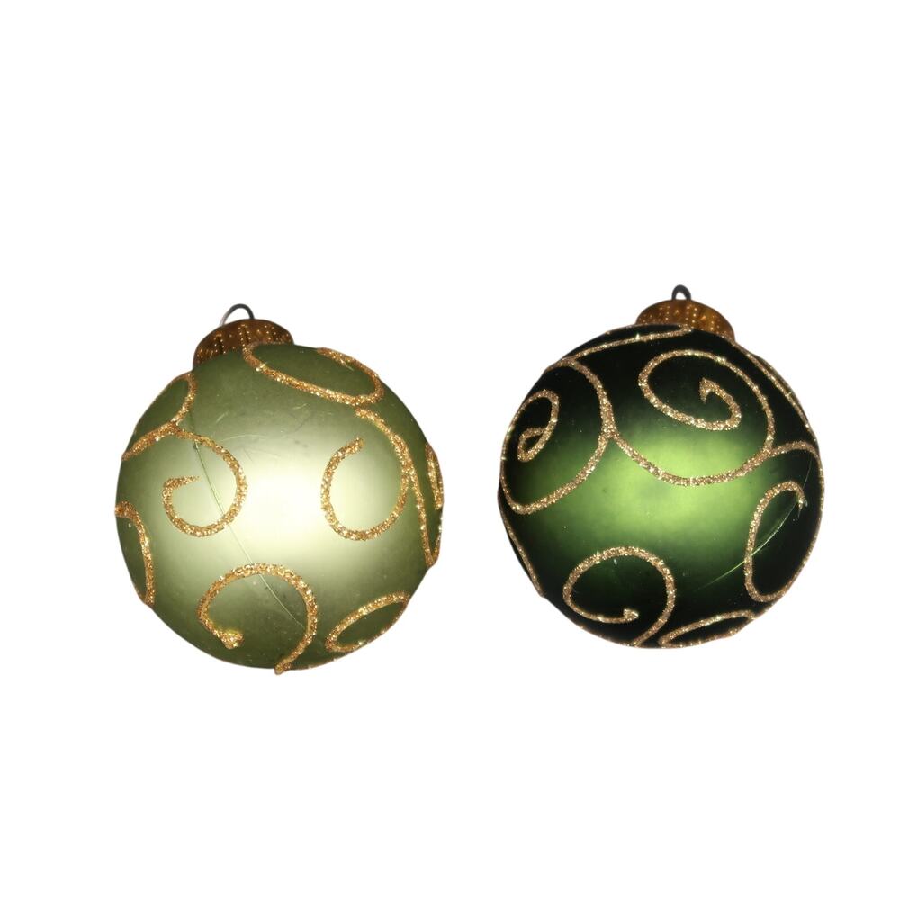 Christmas Ornament Set of 2 Green Gold Swirl Ball Bauble Vintage Holiday Decor